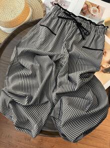 SHEIN PETITE 黑白格子高腰口袋装饰女式直筒裤 - 黑與白 - 查看 4