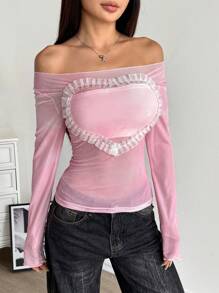 Blouse ajustée sexy, transparente, avec une seule épaule et des détails de volants sur la manche longue