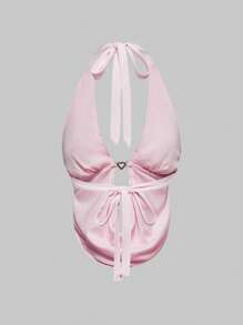 ROMWE Spring/Summer Y2K Retro Glam Vacation Island Sexy Draped Neck Pink Sequins Crop Top For Women - Pink - View 3