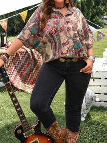 EMERY ROSE Camisa de manga de murciélago con estampado de paisley de talla grande, casual, para verano, otoño, vacaciones, días festivos, estilo bohemio, festivales de música - Albaricoque - Ver 6