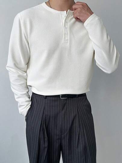 DAZY 男士纯色纹理半襟 T 恤，基本款白色，返校长袖男士衬衫，秋季