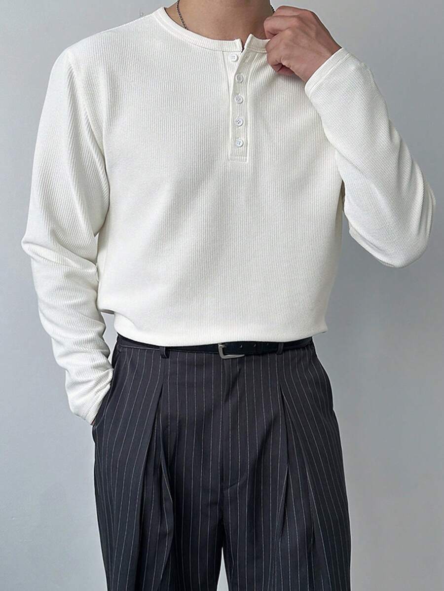 DAZY 男士纯色纹理半襟 T 恤，基本款白色，返校长袖男士衬衫，秋季 - 白色 - 查看 1