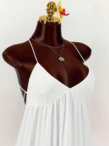 Amplova Spaghetti Strap Triangle Cup Open Back Tied Ruffle Hem A-Line Dress - White - View 2