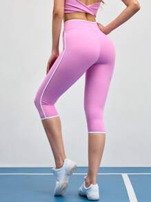 SHEIN Sports Quần legging thể thao lửng 3/4 thời trang mùa hè, phối màu tương phản, cạp chéo. - Hồng - Xem 2