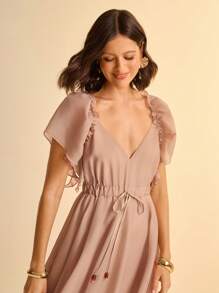 CAJUNI Women's Summer Holiday Beach Casual Tropical Bohemian Chiffon Puff Sleeve Asymmetrical Hem Short Dress - Camel - View 1