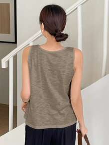 DAZY Minimalist Loose Fit Linen Camisole For Women, Casual Business Style, Summer - Khaki - View 5