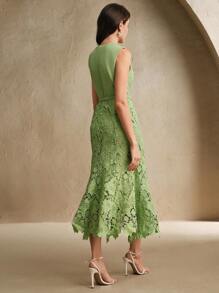 Anewsta 女士时尚优雅无袖高腰拼接镂空蕾丝中长连衣裙