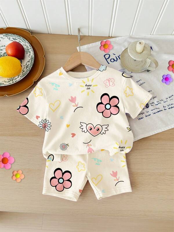 SHEIN Cute Doodle Flower Heart Print, Baby Girl Casual Loose Round Neck Short Sleeve T-Shirt & Shorts Set, Suitable For Spring/Summer Vacation