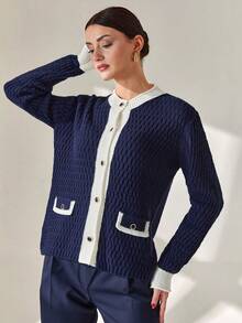CLARA VERO Women Contrast Hem Detailed Front Button Pocket Detailed Navy Cardigan - Navy Blue - View 6