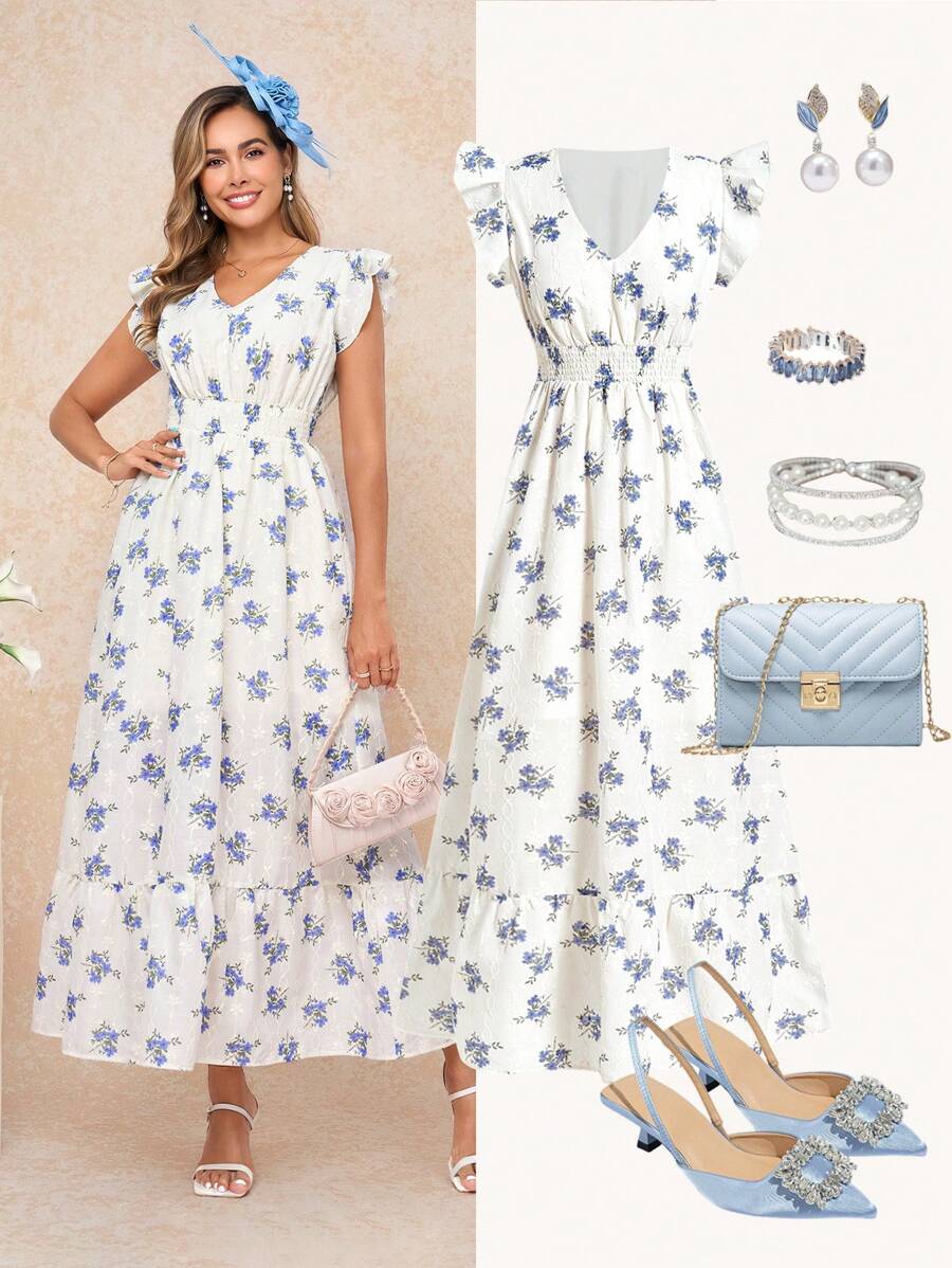 Gownix Elegant Women's White And Blue Floral Textured Print Dress,Summer Garden Party Outfits,Island Vacation Honeymoon Fairycore Boho Style Summer Outfits - Blue - View 1