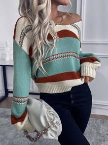EURMUSE Plus Women Contrast Color Knitted Long Sleeve Pullover Sweater - Multicolor - View 5
