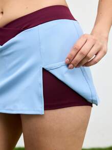 女士撞色边不对称领短款上衣和开衩下摆短裙运动套装 - 淺藍色 - 查看 6