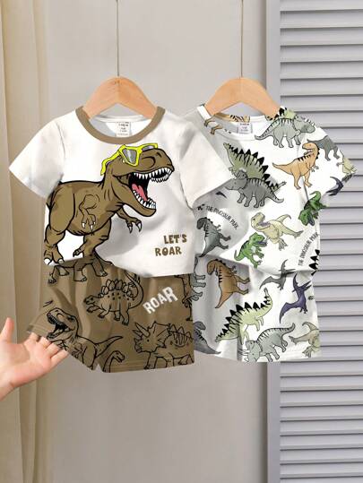 SHEIN 2pcs Baby Boy Casual Simple Round Neck Short Sleeve T-Shirt And Shorts Set, Suitable For Summer
