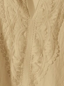 SHEIN PETITE CURVE Plus Size Women's Vacation Solid Color Contrast Lace Long Sleeve Loose Casual Shirt Cotton Tunic Tops For Women Cotton Blouse Tunic Blouse Embroidered Cotton Top