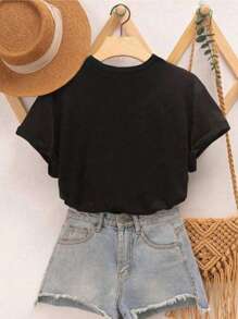 Tween Girl Tropical And Letter Printed Loose Casual Summer T-Shirt With Off-Shoulder Design - Multicolor - View 2