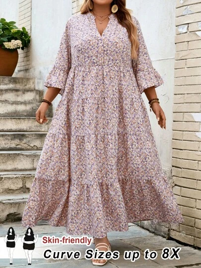 SHEIN CURVE+ Plus Size Women Retro Floral Long Dress, Casual Beachwear Dress For Thanksgiving, Spring/Summer/Autumn/Winter,Arabian Dress,Arabian Clothing Boho Vacation Beach Outfits For Woman/Beach Dress/Beach Vacation Outfits/Beach Essentials / Graduation/Tea Party Dress,Sundress,Summer Dresses For Women