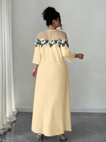 Elenzga Đầm midi thanh lịch tay 3/4 thêu họa tiết lưới trang trí cỡ lớn cho nữ - Màu vàng - Xem 2
