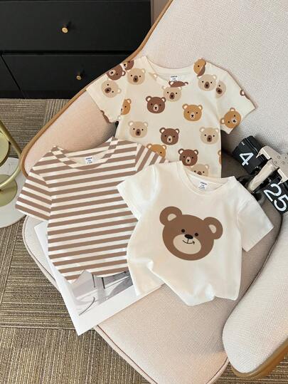 3 件套幼儿男孩可爱圆领短袖 T 恤：1 件条纹 T 恤、1 件泰迪熊印花 T 恤、1 件全身印花 T 恤