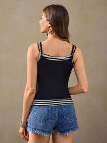 Wildy Summer Casual American Western Country Style Stripe Patchwork Black Tank Top  Western Halter Top Vacation Tops Cropped Preto Concert - Black - View 3