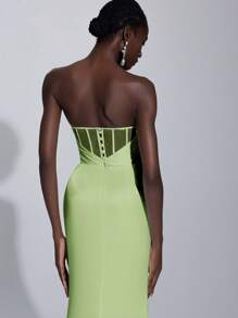 Elitara Women's Simple Solid Color Strapless High Slit Satin Wedding Dress - Mint Green - View 4