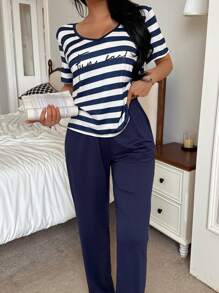 SHEIN 女士条纹字母印花 V 领可变换肩短袖和裤子睡衣套装，休闲 - 藏蓝色 - 查看 2