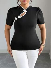 Celure Plus Size Women Elegant Solid Contrast Color Button Decor Stand Collar Short Sleeve High Stretch Knit Fabric T-Shirt, Suitable For Commuting, Work, Business Casual And Daily Wear