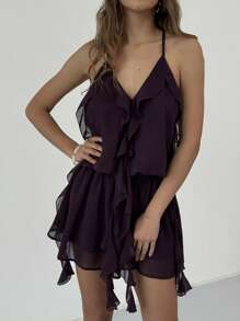 Aloruh Women's Dark Purple Ruffle Trim Halter Mini Dress, 70s Style Summer Party Club Outfits,Solid Color Backless Vacation Holiday Beach Outfits - Purple - View 5