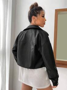 SHEIN EZwear Zip Pocket Flap Detail PU Biker Jacket - Black - View 2