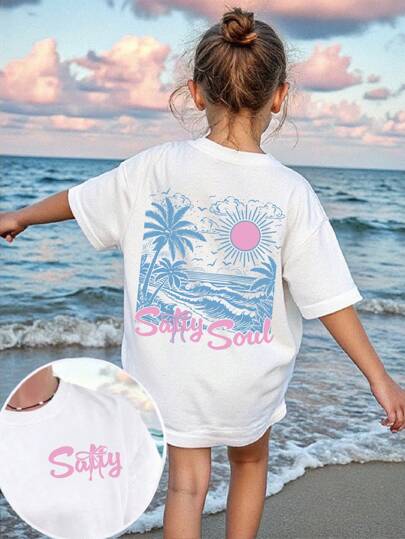 SHEIN Elladie kids Young Girl Salty Soul Beach Print Loose Round Neck Short Sleeve White T-Shirt, Young Girl Clothes Summer Young Girls T Shirts Cute Shirts For Tweens During The Beach