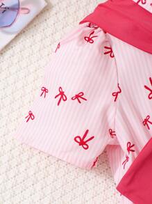 Vestido de festa para meninas, com estampa de laços e listras, corte A e xale, rosa, elegante e para o verão - Rosa - Ver 7