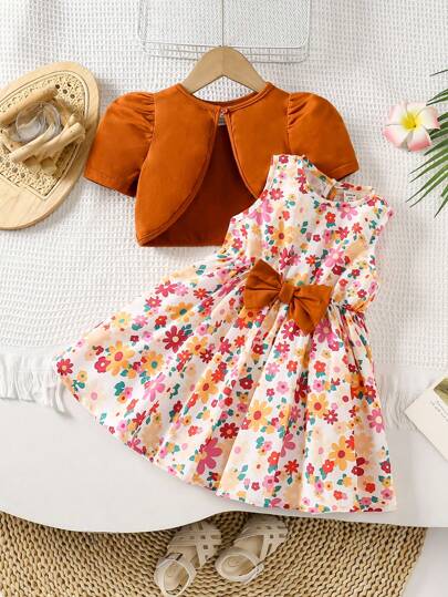 SHEIN Babygirl 可爱优雅花卉印花连衣裙、短裤和开衫套装，适合度假