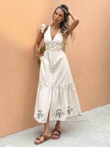 SHEIN Frenchy 女士秋季服装花卉刺绣 V 领荷叶边袖孔长裙，带侧袋和荷叶边下摆，节日风格服装日常服装、茶会礼服商务休闲女士外出服装女士夏季连衣裙度假服装女士教师服装女士西装女士夜间外出/外出