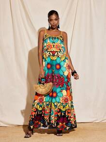 JIAN LASALA Boho All-Over Printed Spaghetti Straps A-Line Oversized Maxi Dress Women Vacation Summer Dress Women Birthday Outfit Women Dresses Elegant Gown Women Summer Clothing Beach Vacation Outfits European Summer Going Out Hawaii Outfits Women Ankara Dress Resort Wear Flowy Dress Vintage Homecoming Formal Dress Wedding Guest Dress Women - Multicolor - View 6
