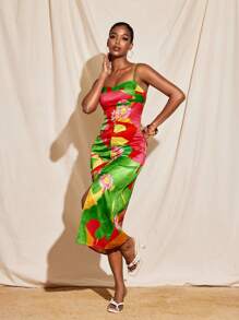 Eva Novielli Tropical Printed Satin Spaghetti Straps High Split Bustier Midi Dress Women Summer Vacation - Multicolor - View 1