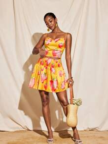 Becci Summer Fruit Printed Satin Smocking Waist Skater Skirt Women Vacation Skirt Casual Wear Summer Vacation Summer Skirt Vacation Woman Skirt Strawberry Print Strawberry Print Skirt