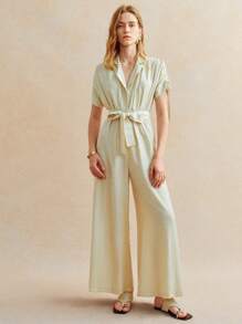 Écloséra Women's Pale Yellow Linen Jumpsuit,Effortless Chic Summer Vacation Holiday Cinched High Waist Wide Leg Pants,Lapel Short Sleeve Drawstring Cuffs - Apricot - View 3