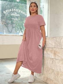 SHEIN Essnce Plus Size Women's New Summer Fashion Casual Solid Color Waist Strap A Hem (With Pockets) Long Short-Sleeved Dress - Dusty Pink - View 5
