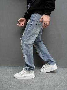Manfinity EMRG Jeans vaqueros casuales y versátiles con bolsillos y efecto desgastado para hombres de talla grande
