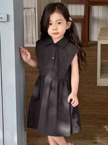 SHEIN Young Girls Casual Collared Sleeveless Dress - Black - View 1