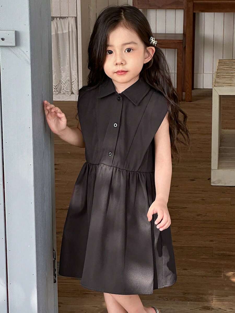 SHEIN Young Girls Casual Collared Sleeveless Dress - Black - View 1