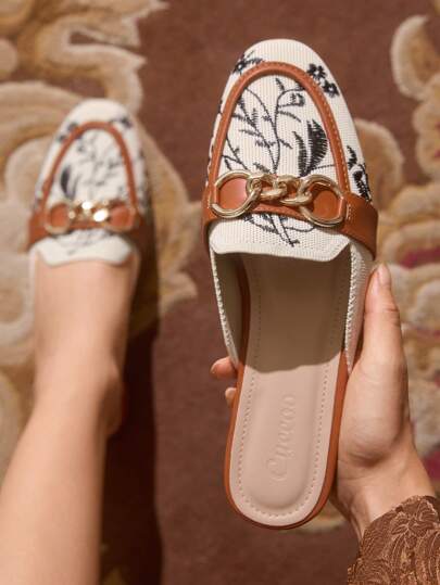 CUCCOO TILAWA Woman Shoes Outdoor Floral Beige Embroidery Chain Decor Mule Flats For Summer Vacation Shoes Summer Back To School Shoes College Student Shoes Spring Shoes Spring Break Easter For Christmas