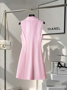 SHEIN Clasi 标准尺寸女式纯色衬衫领白色编织腰带装饰口袋设计连衣裙 - 粉色 - 查看 2