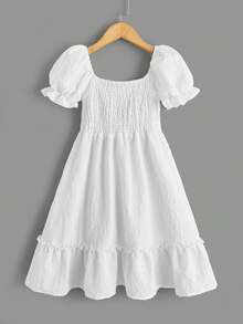 SHEIN Girls' Square Neck Puff Sleeve Cabled Splice Ruffle Hem Dress - White - View 3