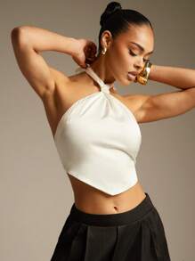 Hauture 女式夏季性感休闲系带露背露肩白色缎面上衣 - 白色 - 查看 1