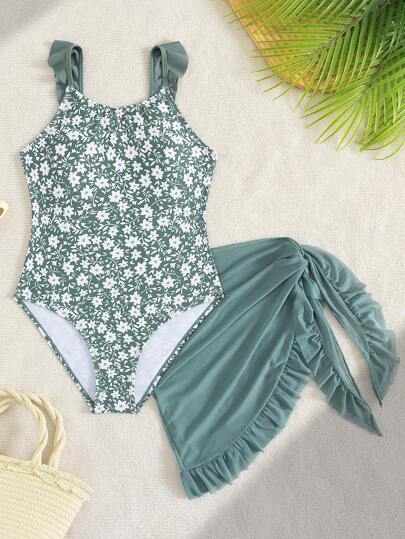 Einteiliger Badeanzug für Tween Mädchen mit Schleifendruck, Rüschen-Schultergurt-Design und Rüschenrock, süß zum Schwimmen, für den Strand und den Urlaub