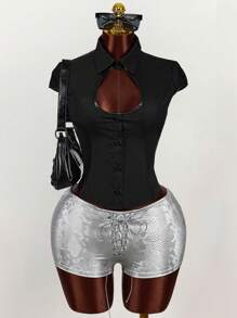 Amplova 女式高领落肩镂空修身束腰衬衫 - 黑色 - 查看 3