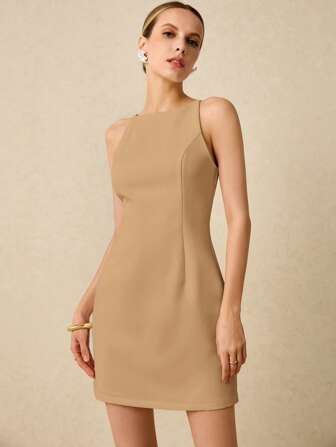 Poéselle 女士纯色简约无袖拉链后背迷你连衣裙