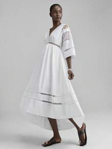 Ontre Vestido casual de vacaciones con unicolor, parche de encaje en la parte delantera y parte trasera larga - Blanco - Ver 1