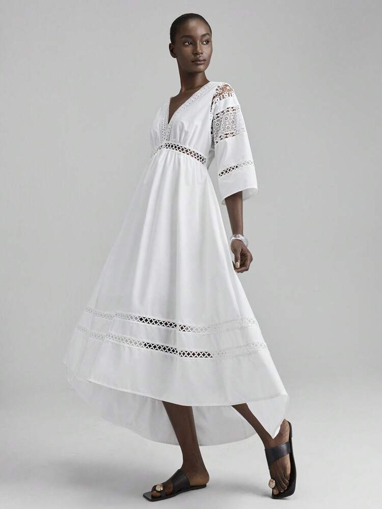 Vacation Casual Solid Color Lace Patchwork Front Short Back Long Dress