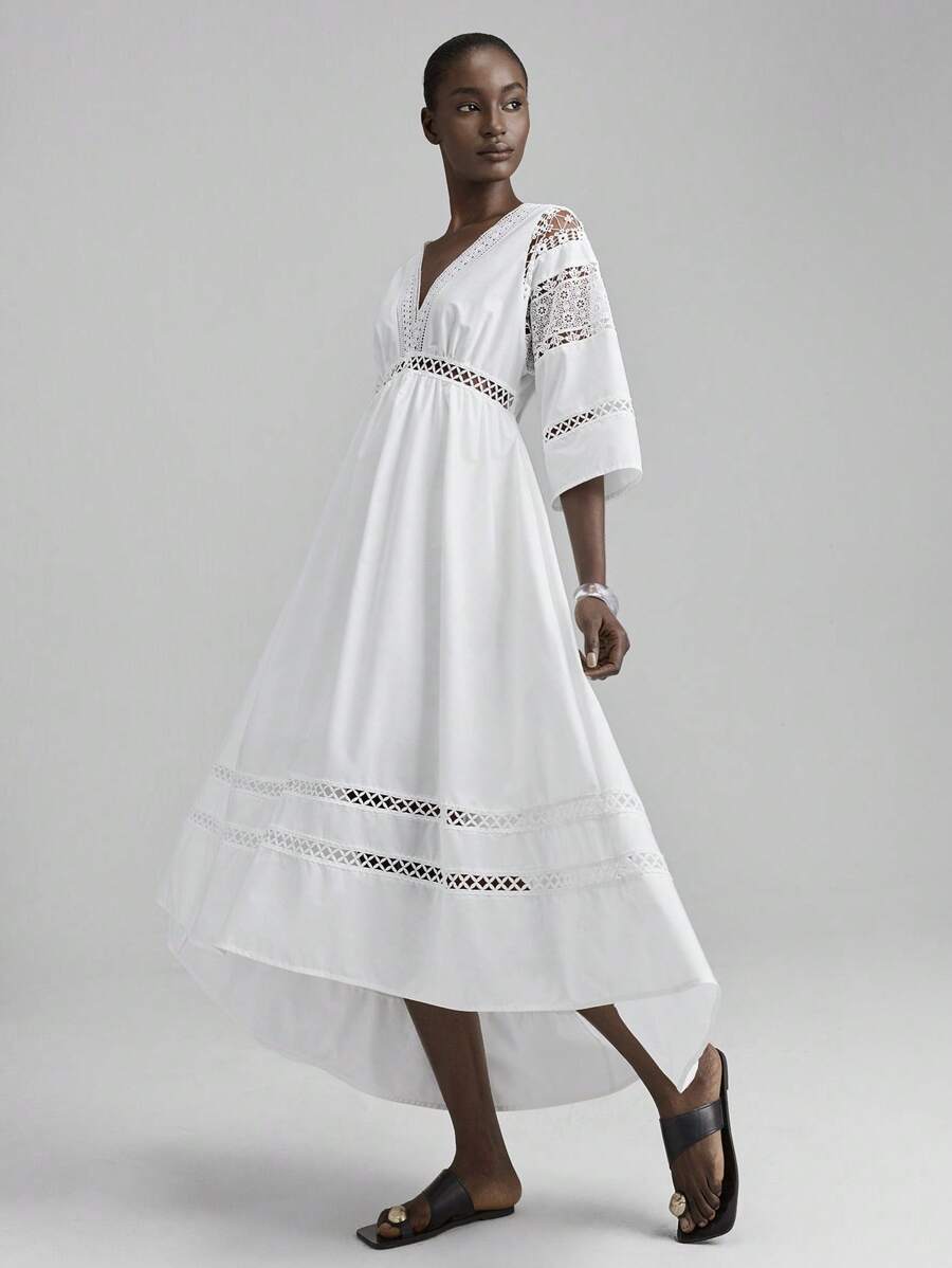 Ontre Vestido casual de vacaciones con unicolor, parche de encaje en la parte delantera y parte trasera larga - Blanco - Ver 1